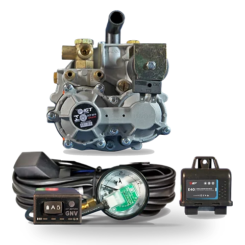 Conjunto Atlas 3ª generación: reductor IG301, conjunto eléctrico D1000C con conmutadora, chicote y manómetro, y emulador E40