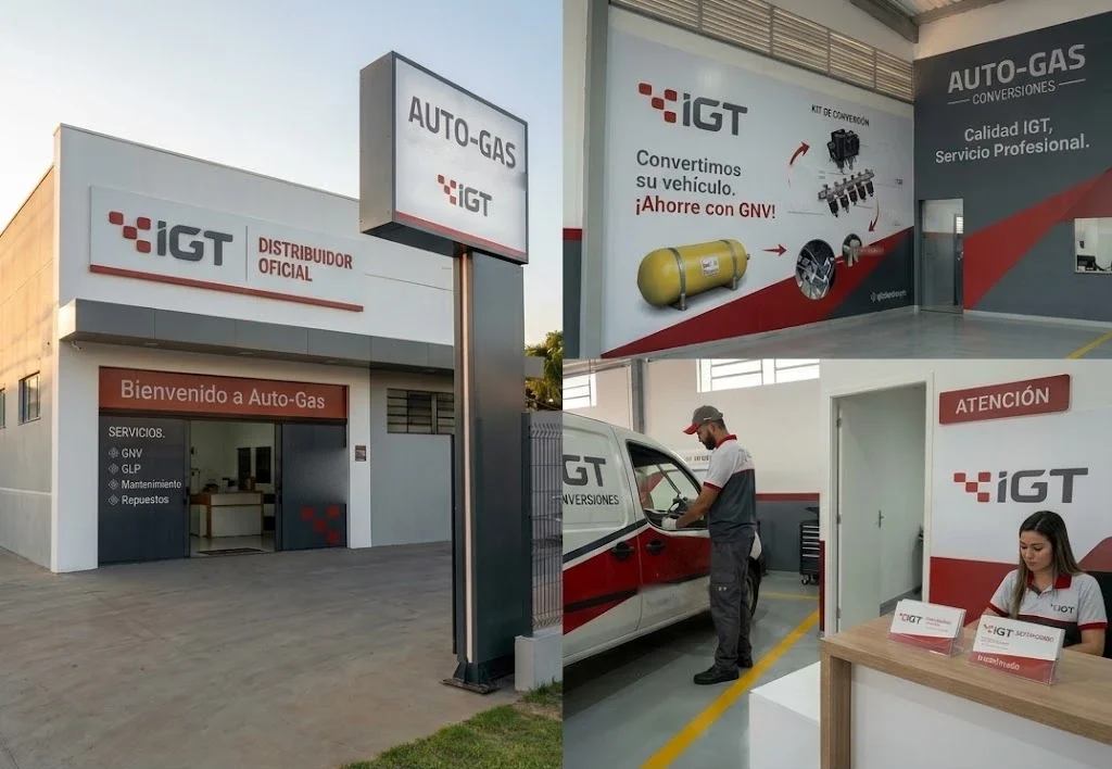 Distribuidor oficial IGT: fachada con letrero, tótem, taller con gráfica IGT, vehículo rotulado y recepción